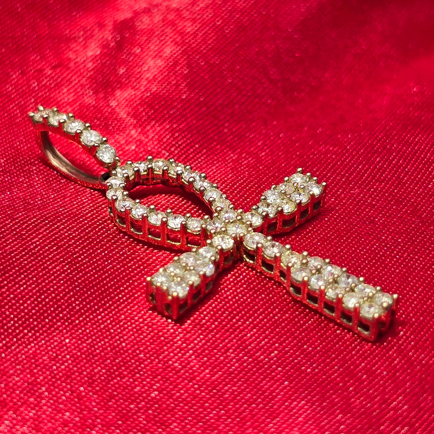 10k Yellow Gold Diamond One Row Prong Ankh Cross Pendant 1.25 ctw