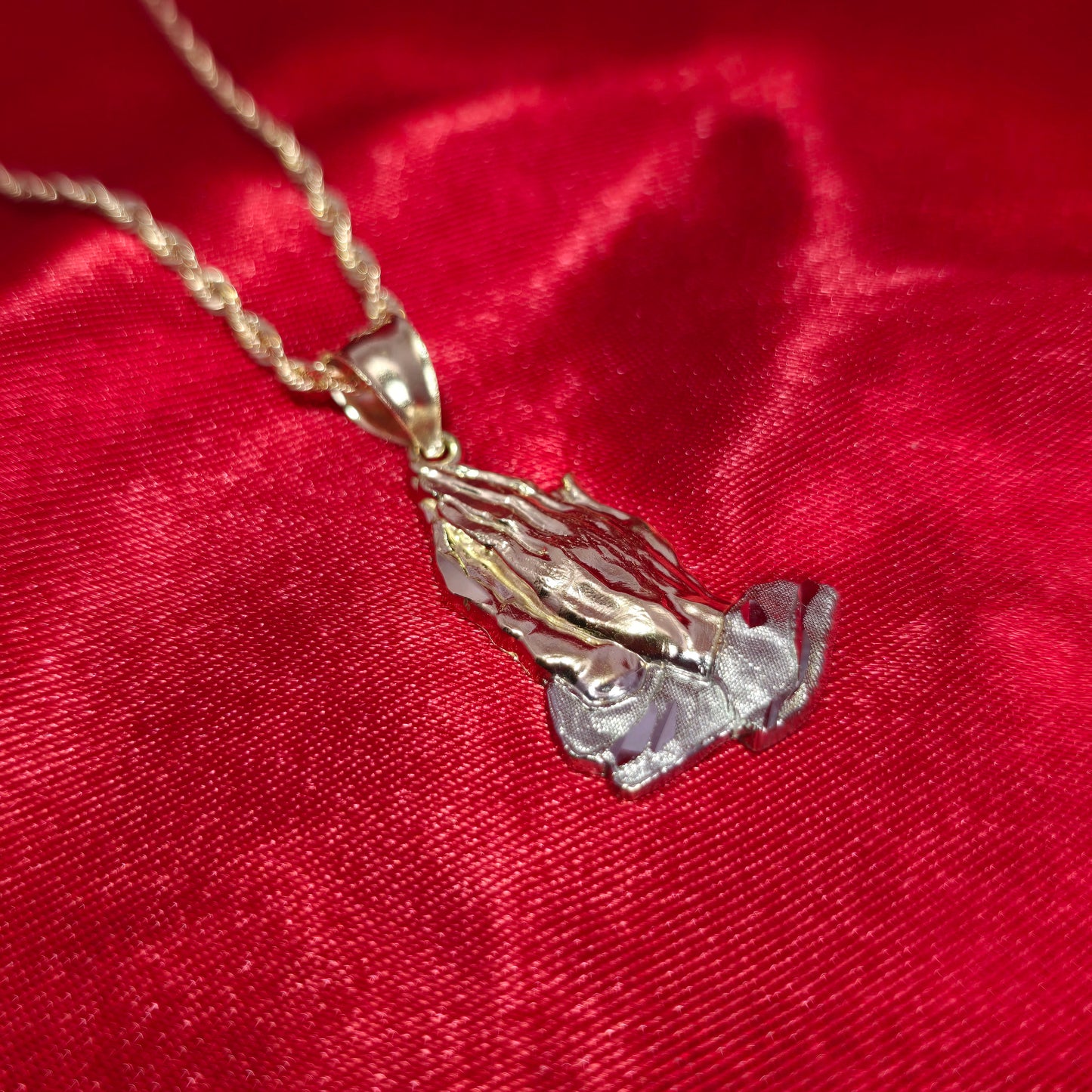 10K Two Tone Gold Praying Hands Pendant with 10K Rope Chain 20"