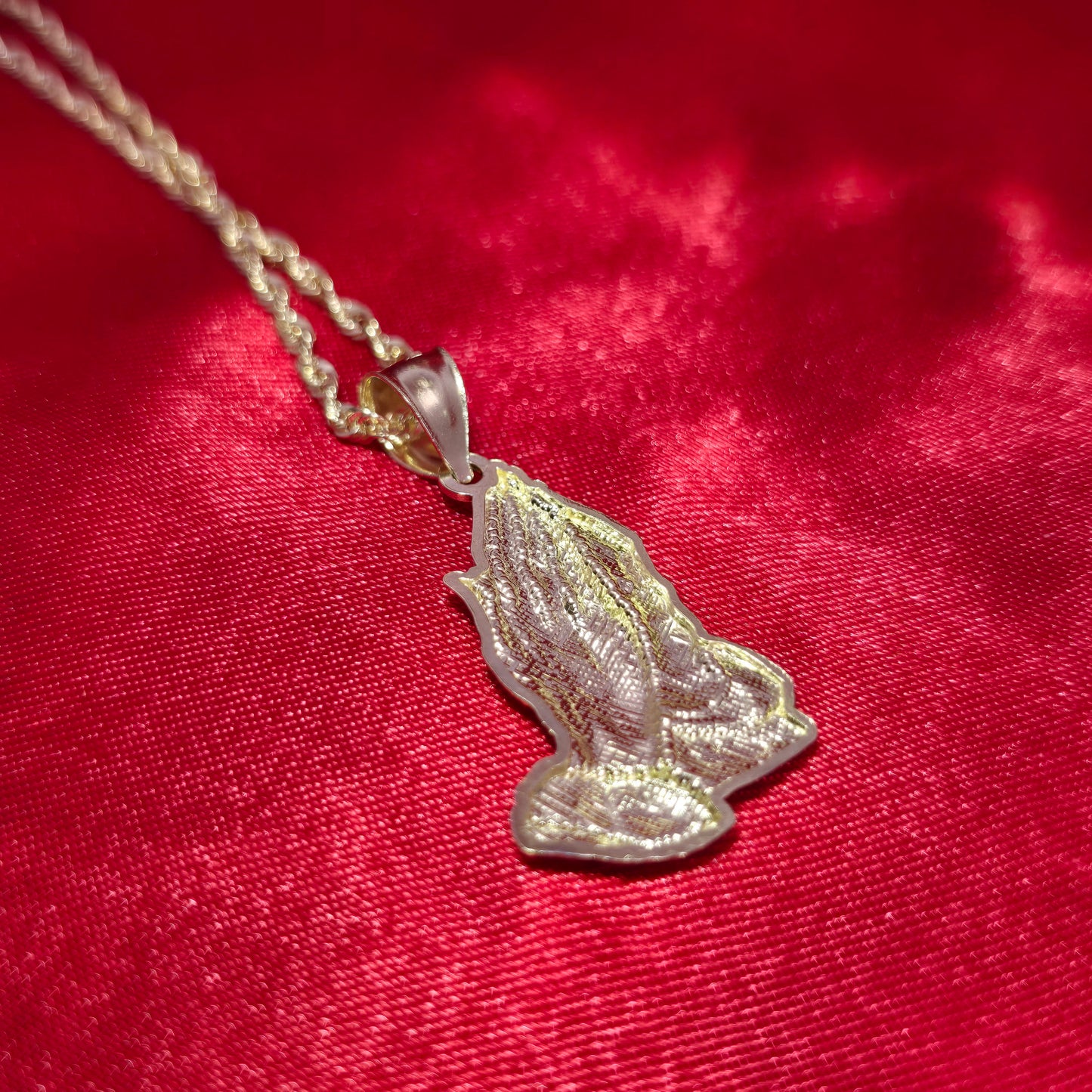 10K Two Tone Gold Praying Hands Pendant with 10K Rope Chain 20"