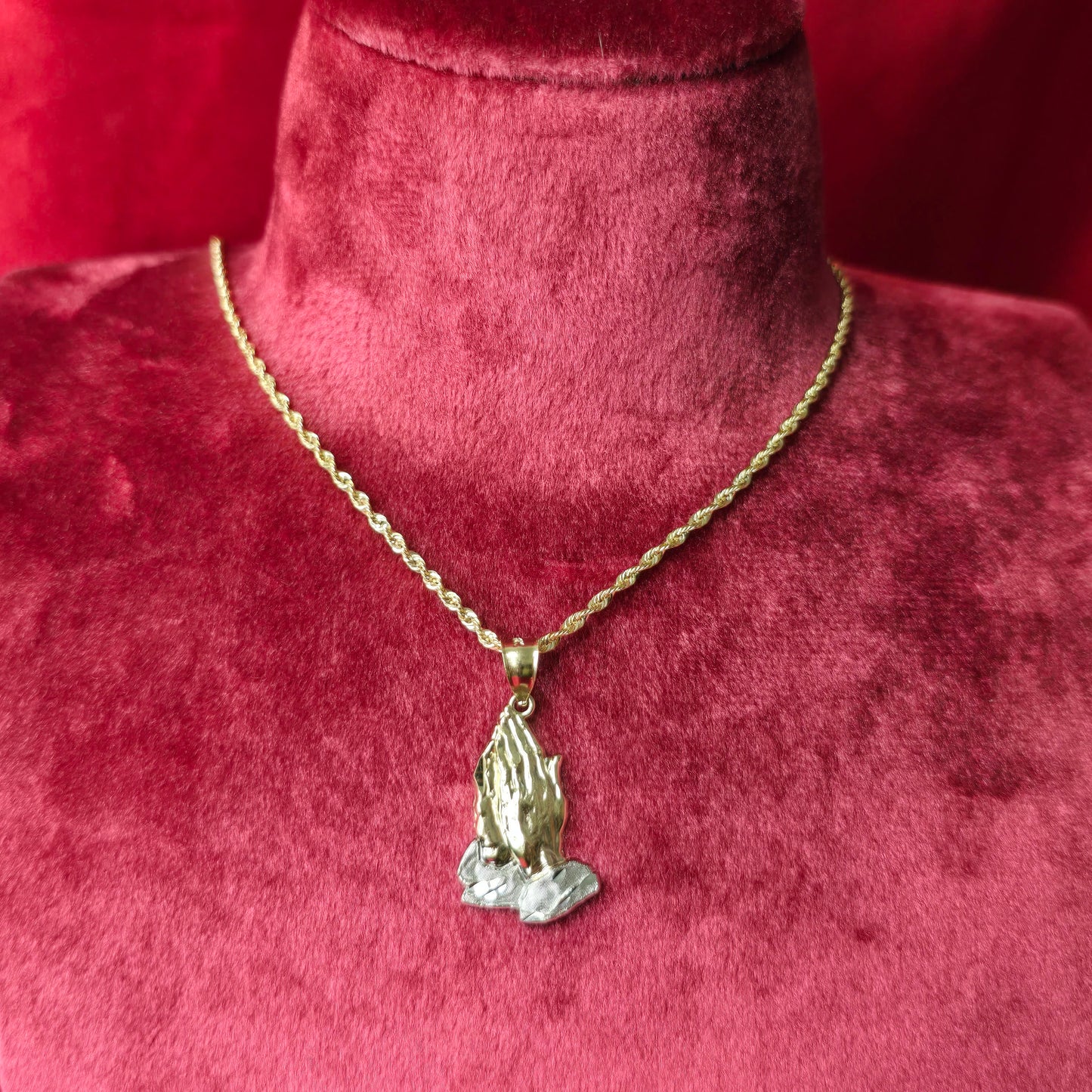 10K Two Tone Gold Praying Hands Pendant with 10K Rope Chain 20"