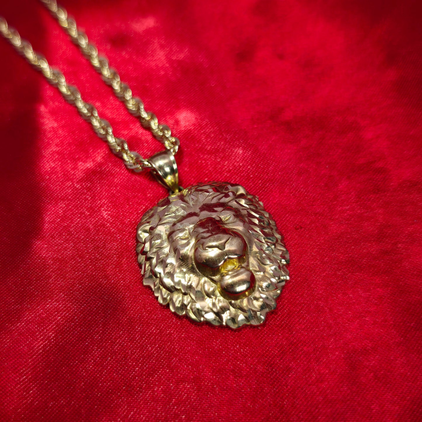 10K Gold Lion Head Pendant With 10K Rope Chain 20"