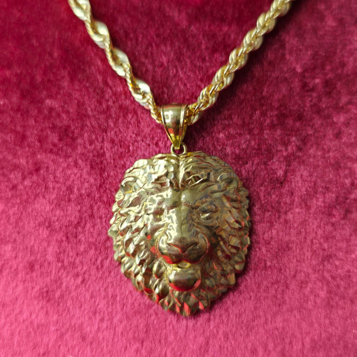 10K Gold Lion Head Pendant With 10K Rope Chain 20"