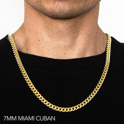 10K 7MM YELLOW GOLD HOLLOW MIAMI CUBAN 16" CHAIN NECKLACE (AVAILABLE IN LENGTHS 7" - 30")