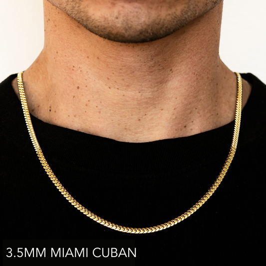 18K 3.5MM YELLOW GOLD SOLID MIAMI CUBAN 28" CHAIN NECKLACE (AVAILABLE IN LENGTHS 7" - 30")