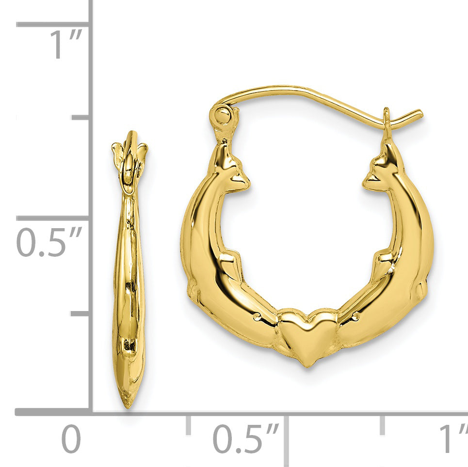 10K Dolphin Heart Hollow Hoop Earrings