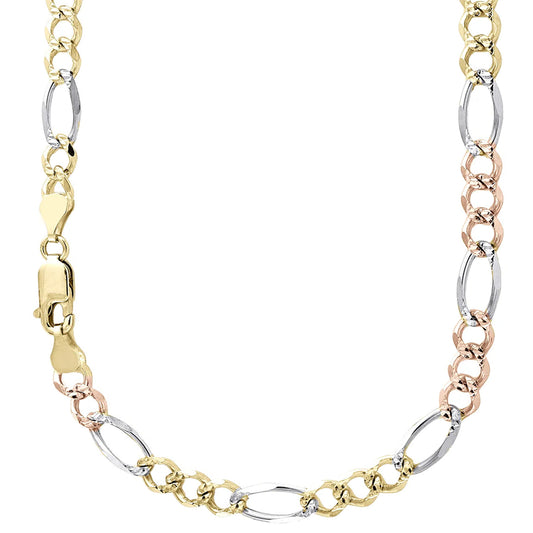 14K 6MM TRICOLOR GOLD SOLID FIGARO 30" CHAIN NECKLACE (AVAILABLE IN LENGTHS 7" - 30")