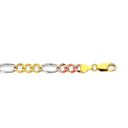 14K 6MM TRICOLOR GOLD SOLID FIGARO 26" CHAIN NECKLACE (AVAILABLE IN LENGTHS 7" - 30")