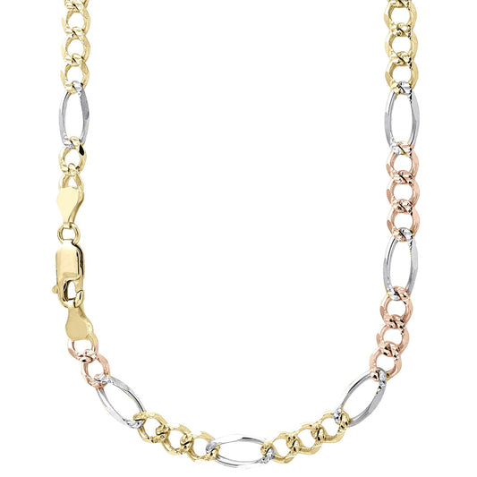 14K 5MM TRICOLOR GOLD SOLID FIGARO 16" CHAIN NECKLACE (AVAILABLE IN LENGTHS 7" - 30")