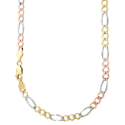 14K 3MM TRICOLOR GOLD HOLLOW FIGARO 16" CHAIN NECKLACE (AVAILABLE IN LENGTHS 7" - 30")