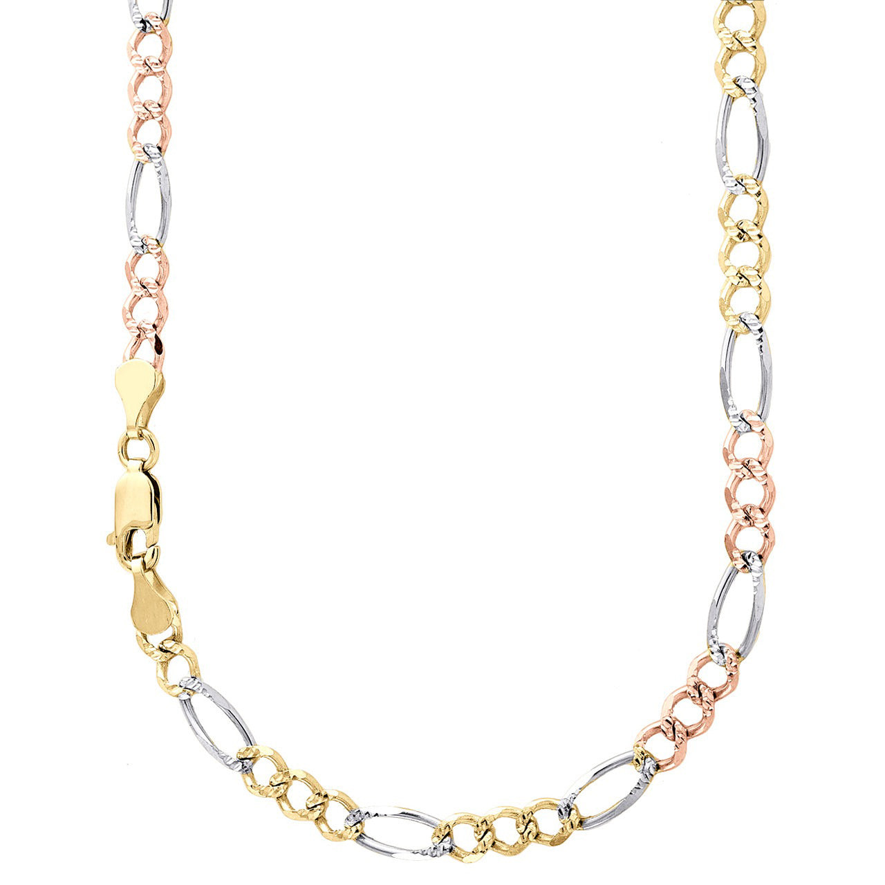 14K 3MM TRICOLOR GOLD HOLLOW FIGARO 28" CHAIN NECKLACE (AVAILABLE IN LENGTHS 7" - 30")