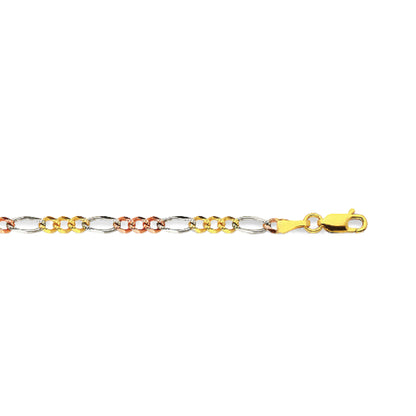 14K 3MM TRICOLOR GOLD HOLLOW FIGARO 20" CHAIN NECKLACE (AVAILABLE IN LENGTHS 7" - 30")