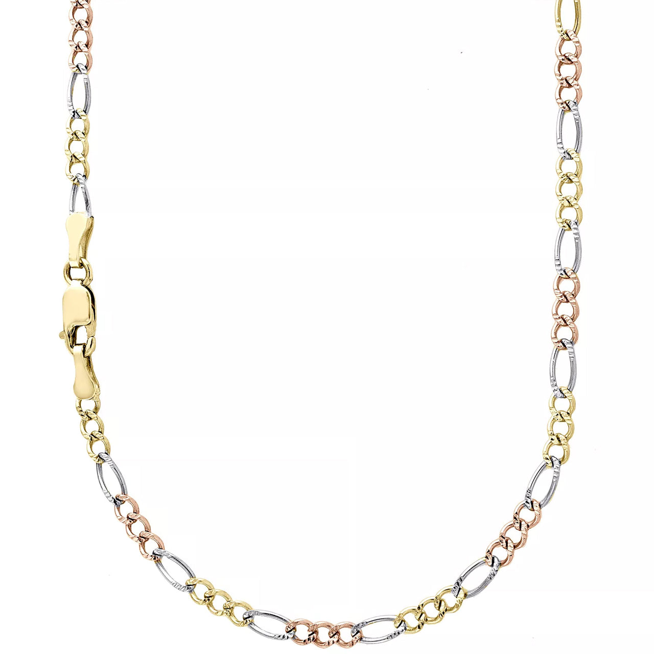 14K 2.5MM TRICOLOR GOLD HOLLOW FIGARO 30" CHAIN NECKLACE (AVAILABLE IN LENGTHS 7" - 30")