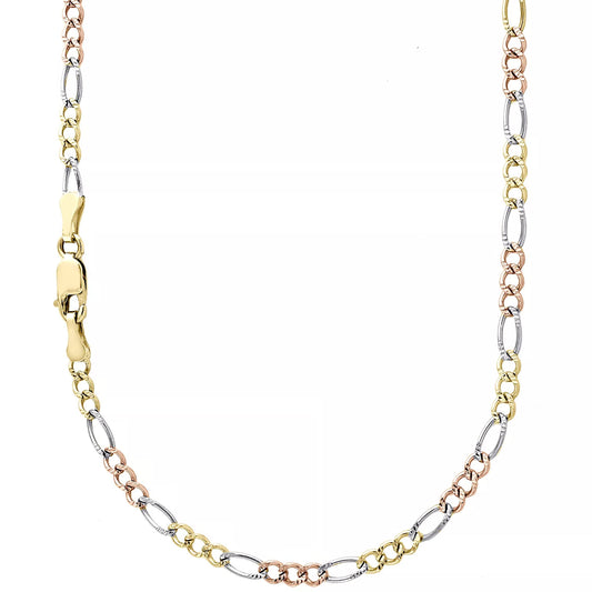 14K 2.5MM TRICOLOR GOLD HOLLOW FIGARO 22" CHAIN NECKLACE (AVAILABLE IN LENGTHS 7" - 30")