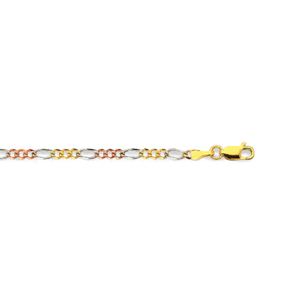 14K 2.5MM TRICOLOR GOLD HOLLOW FIGARO 20" CHAIN NECKLACE (AVAILABLE IN LENGTHS 7" - 30")