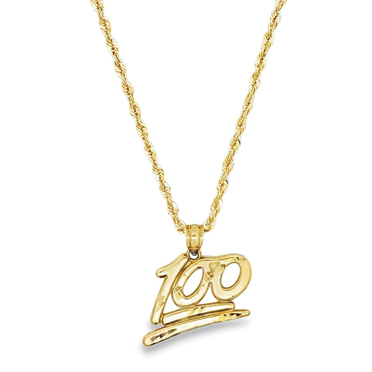 Stylish '100' Pendant with Rope Chain 20" 10K Gold