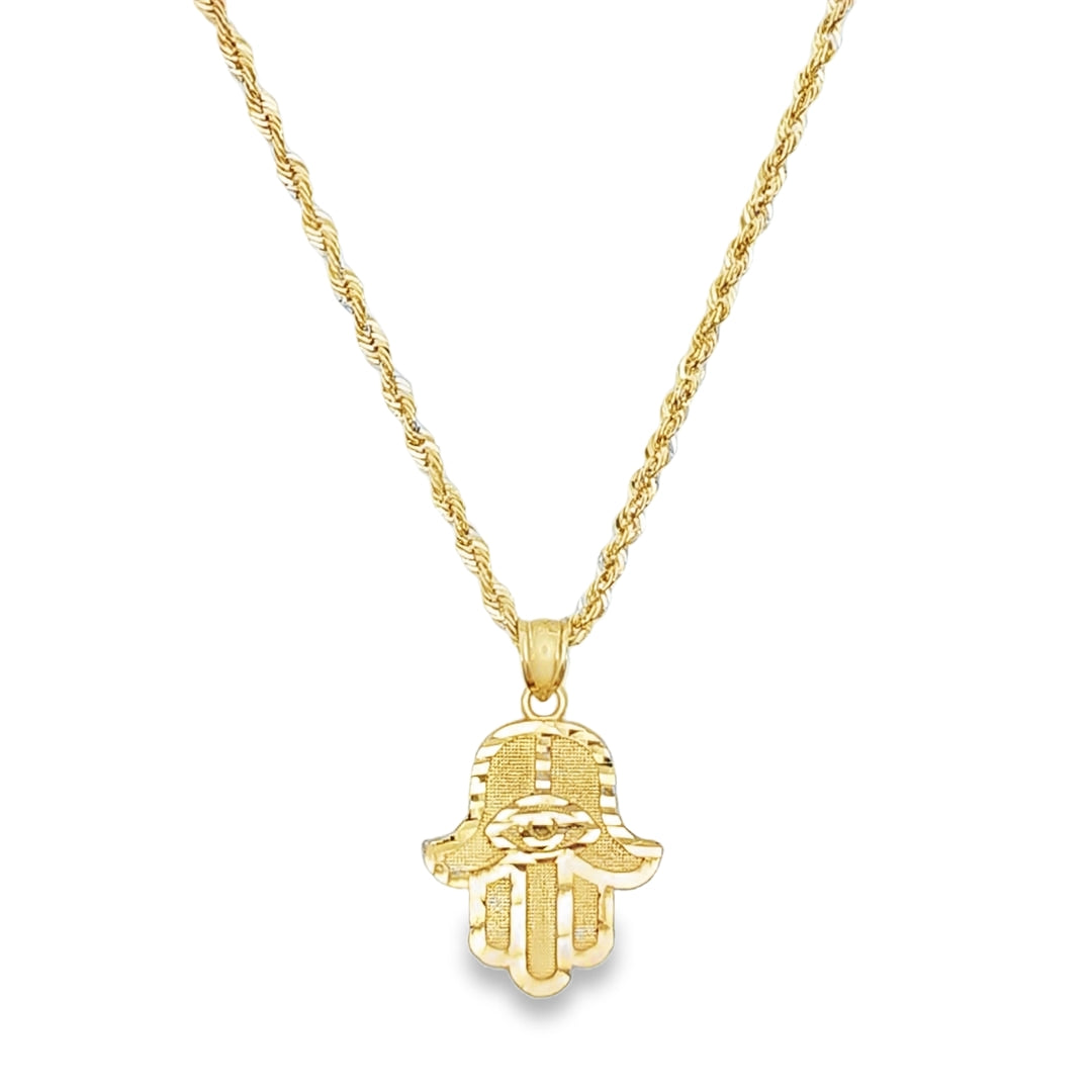 Hamsa Hand Pendant with Rope Chain 20" 10K Gold