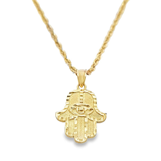 Hamsa Hand Pendant with Rope Chain 20" 10K Gold