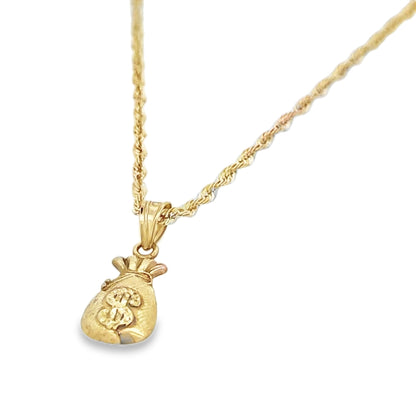 Money Bag Pendant with Rope Chain 20" 10K Gold