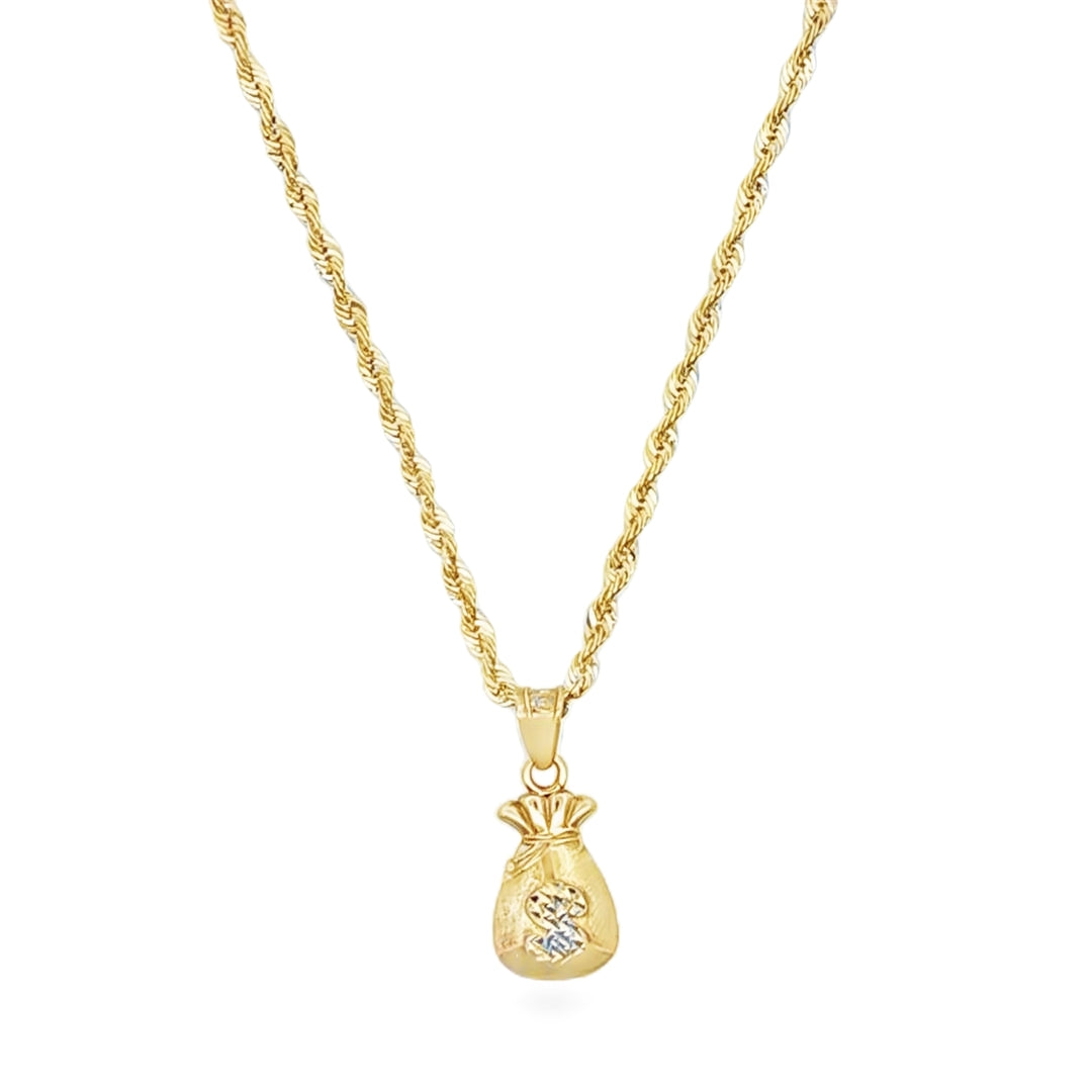 Money Bag Pendant with Rope Chain 20" 10K Gold