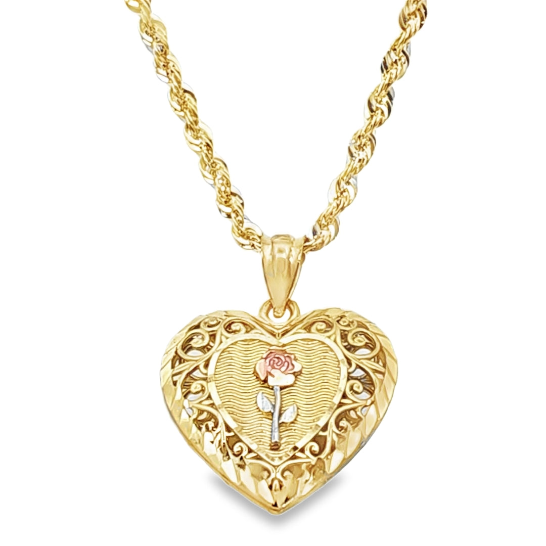 Double-Sided Rose and Mother Mary Pendant with Rope Chain 20" 10K Gold