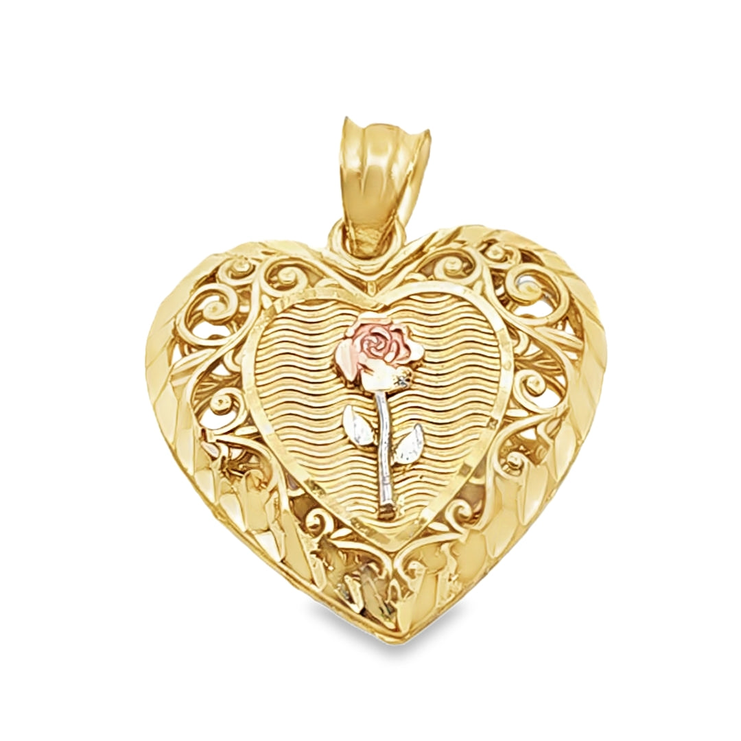 Double-Sided Rose and Mother Mary Pendant with Rope Chain 20" 10K Gold