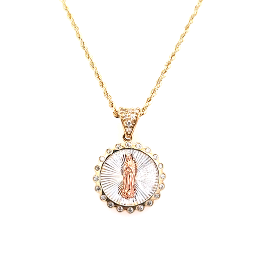 Virgin Mary Pendant with CZ and Rope Chain 20" 10K Gold