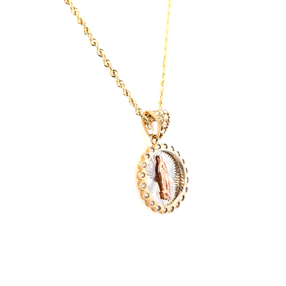 Virgin Mary Pendant with CZ and Rope Chain 20" 10K Gold