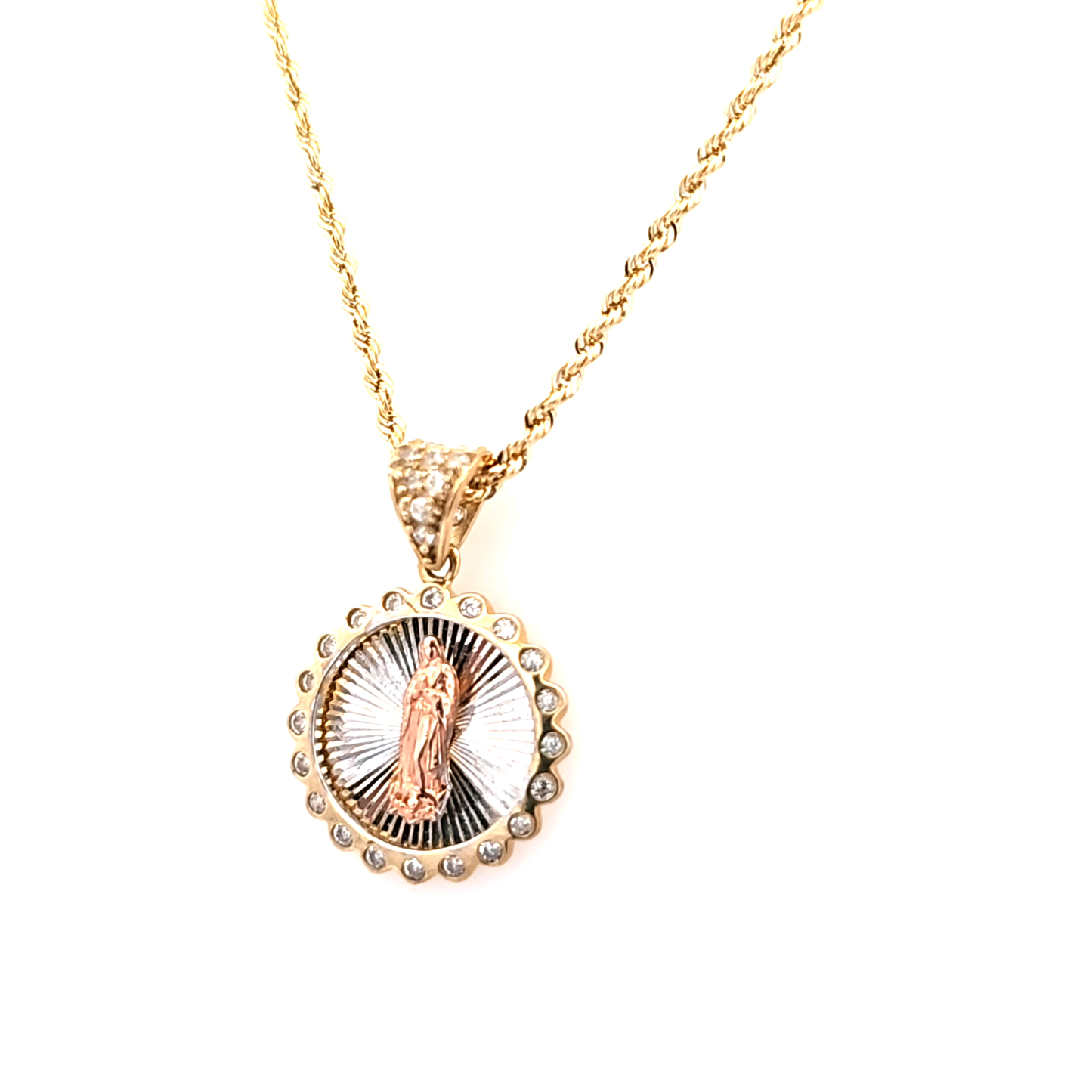 Virgin Mary Pendant with CZ and Rope Chain 20" 10K Gold