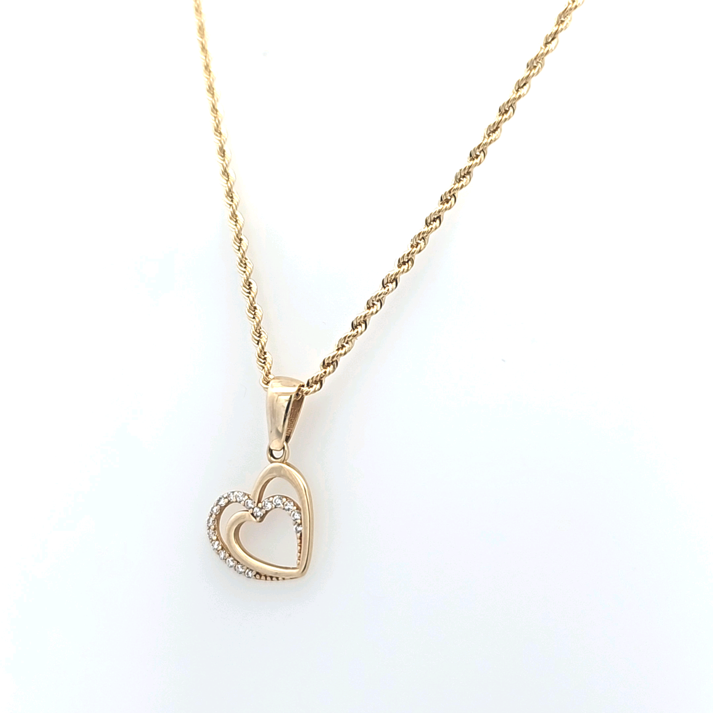 Heart Pendant in CZ with Rope Chain 14K Gold