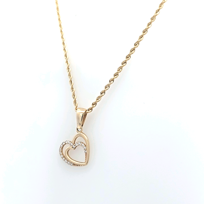 Heart Pendant in CZ with Rope Chain 14K Gold