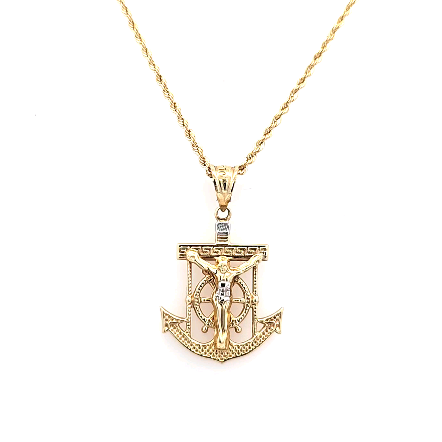 Gold Anchor Pendant with Jesus on Rope Chain 20" 10K