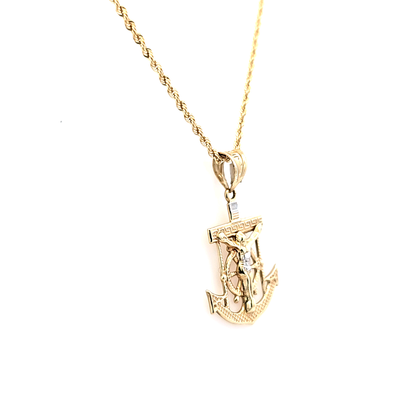 Gold Anchor Pendant with Jesus on Rope Chain 20" 10K