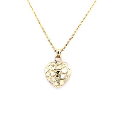 Heart Nugget Pendant with Rope Chain 20" 10K Gold