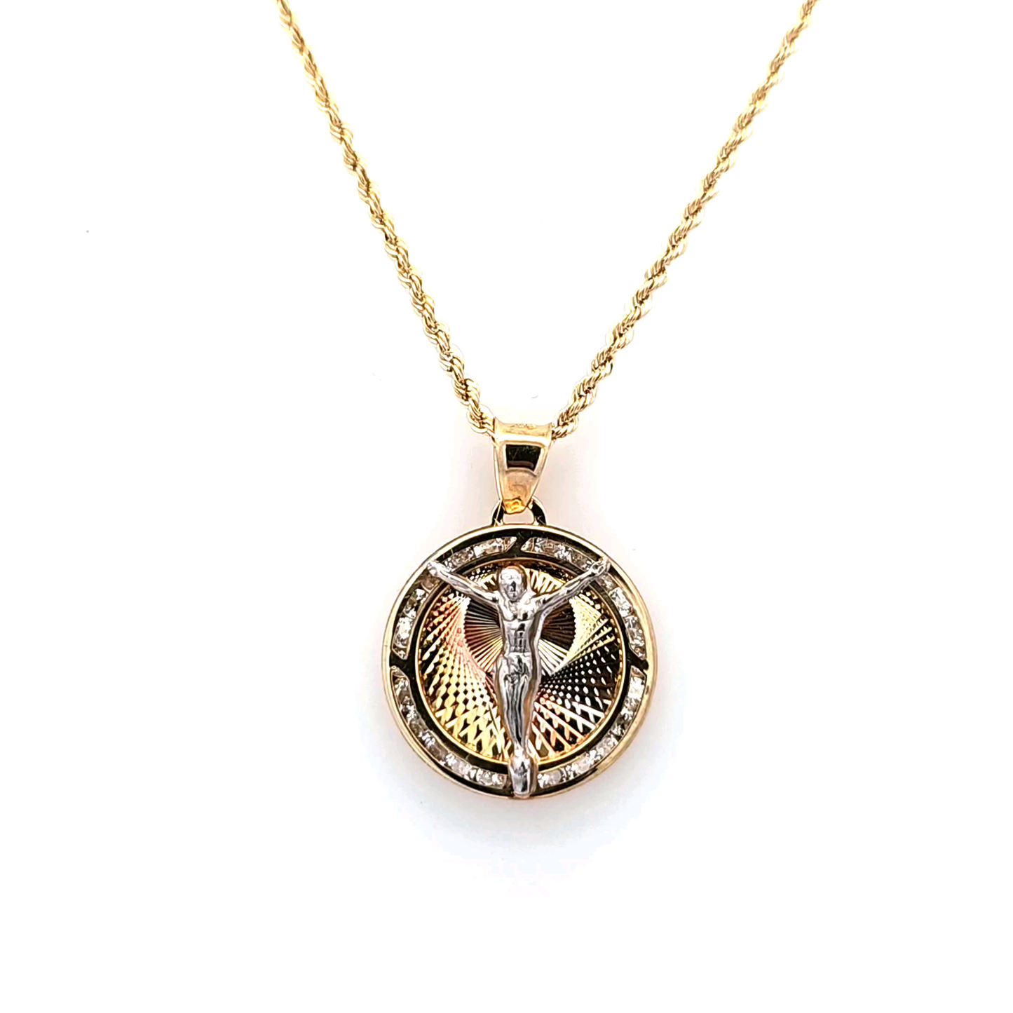 Jesus Medallion with CZ on Rope Chain 20" 10K Gold