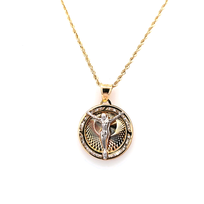 Jesus Medallion with CZ on Rope Chain 20" 10K Gold