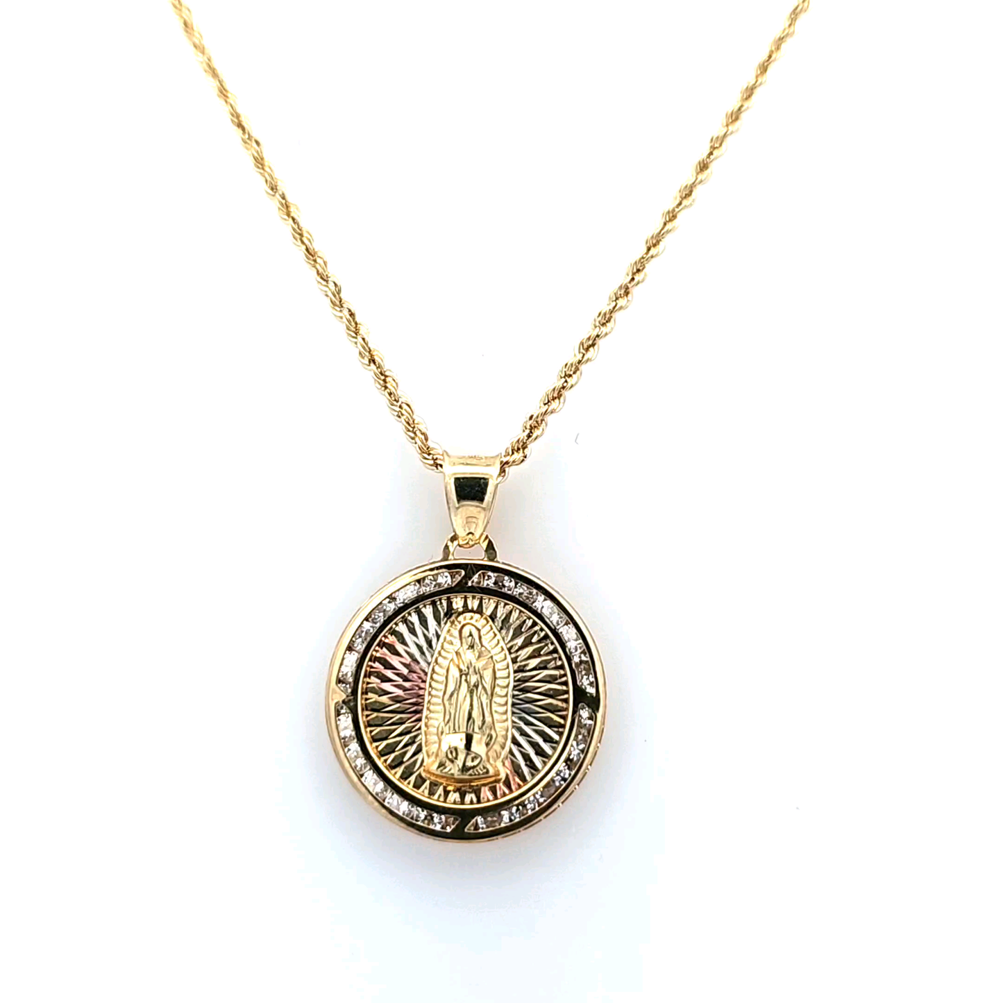 Gold Pendant in CZ with Religious Motif on Rope Chain 20" 10K