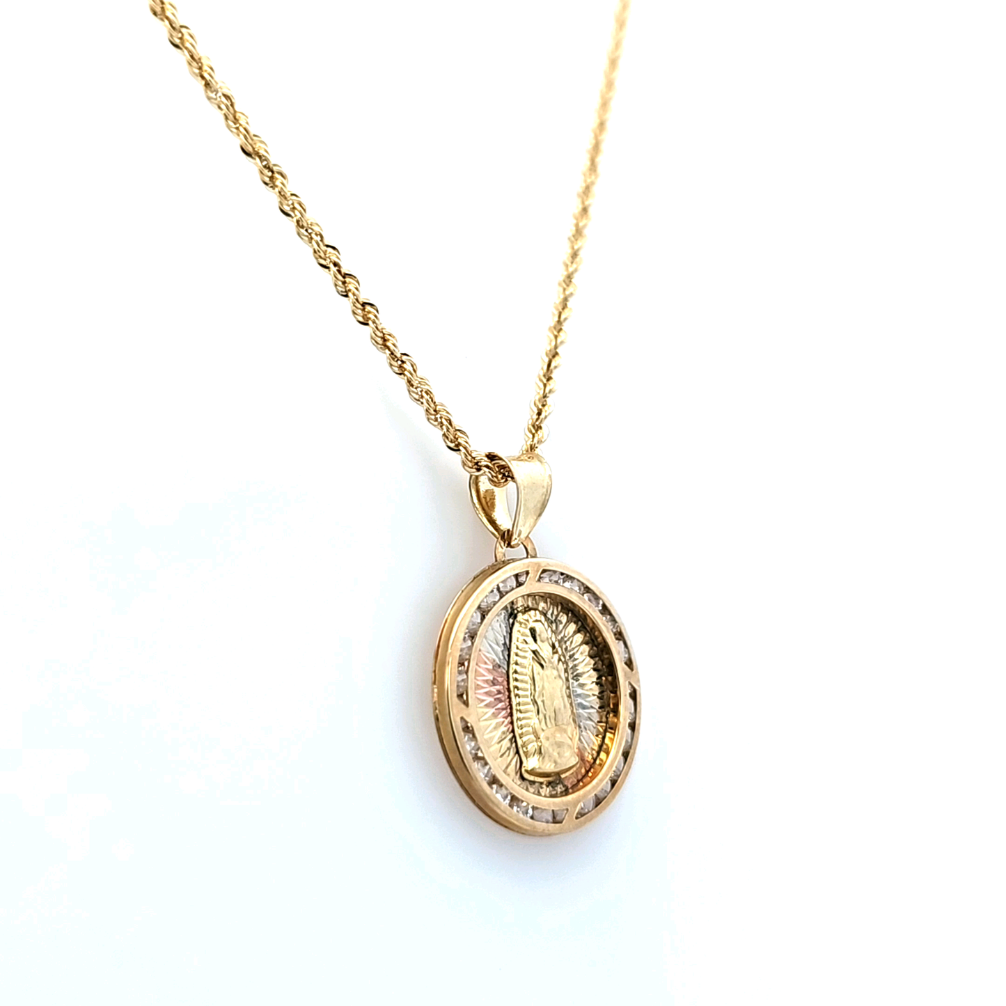 Gold Pendant in CZ with Religious Motif on Rope Chain 20" 10K