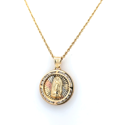 Gold Pendant in CZ with Religious Motif on Rope Chain 20" 10K