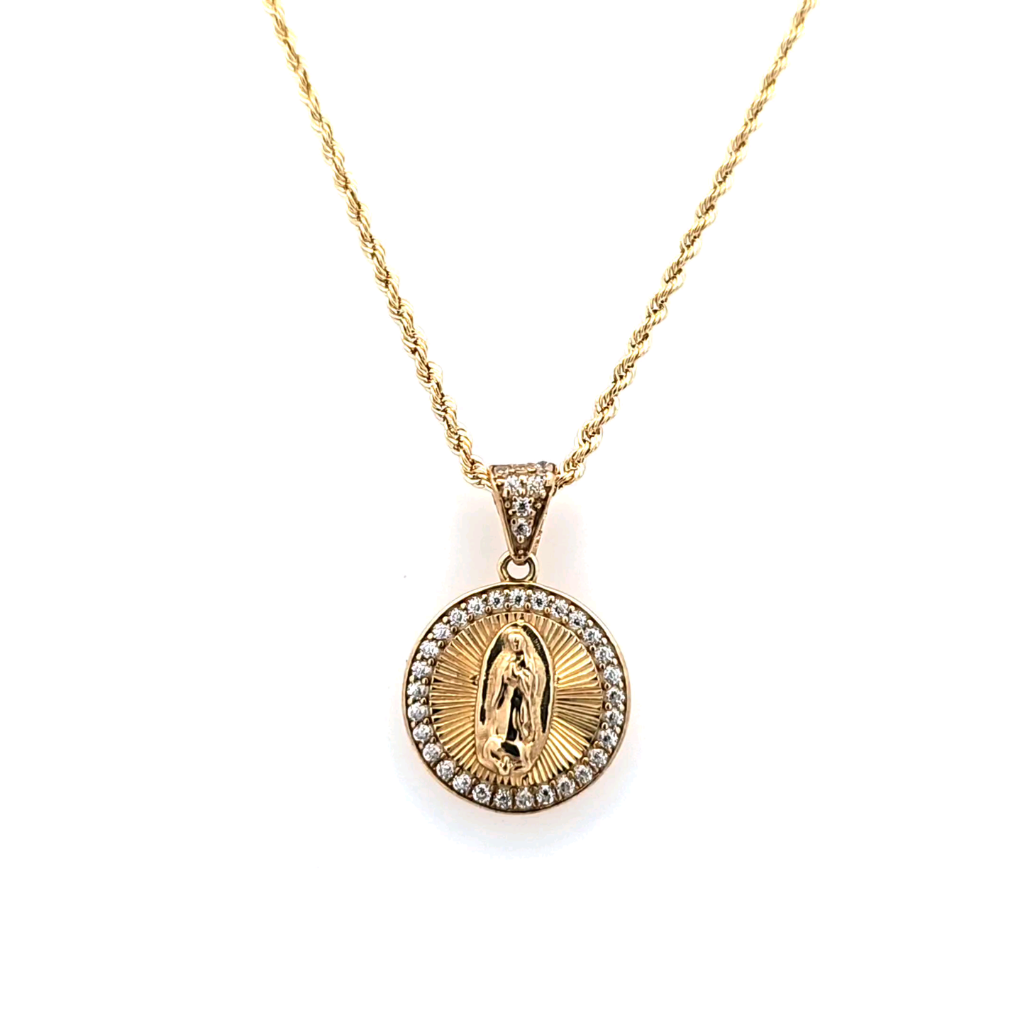 Religious Pendant 10K Gold with CZ and 10K Rope Chain 20"