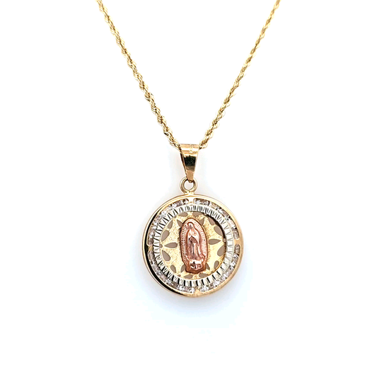 Gold Pendant with Virgin Mary in CZ and Rope Chain 20" 10K