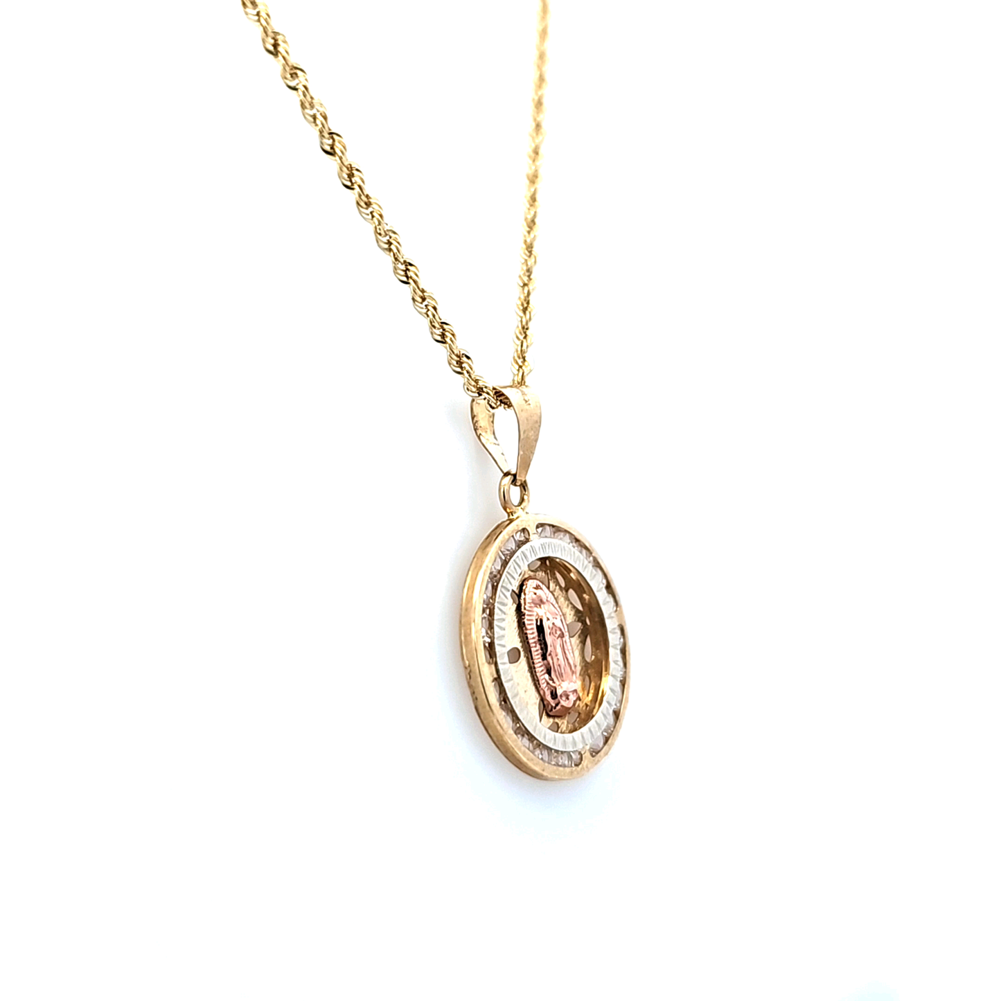 Gold Pendant with Virgin Mary in CZ and Rope Chain 20" 10K