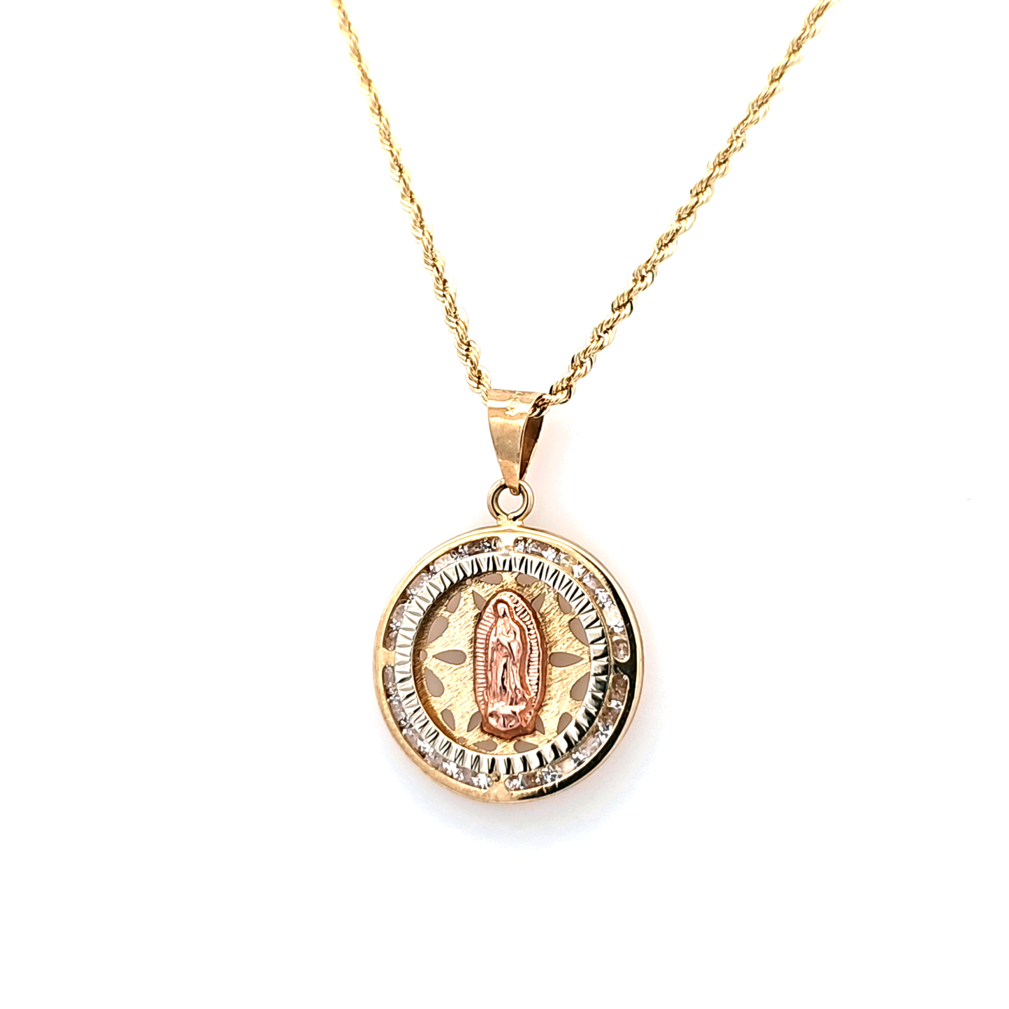 Gold Pendant with Virgin Mary in CZ and Rope Chain 20" 10K