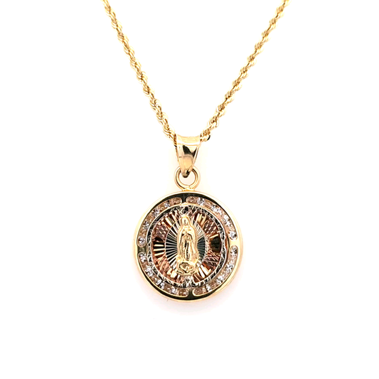 Gold Pendant with Religious Motif in CZ and Rope Chain 20" 10K