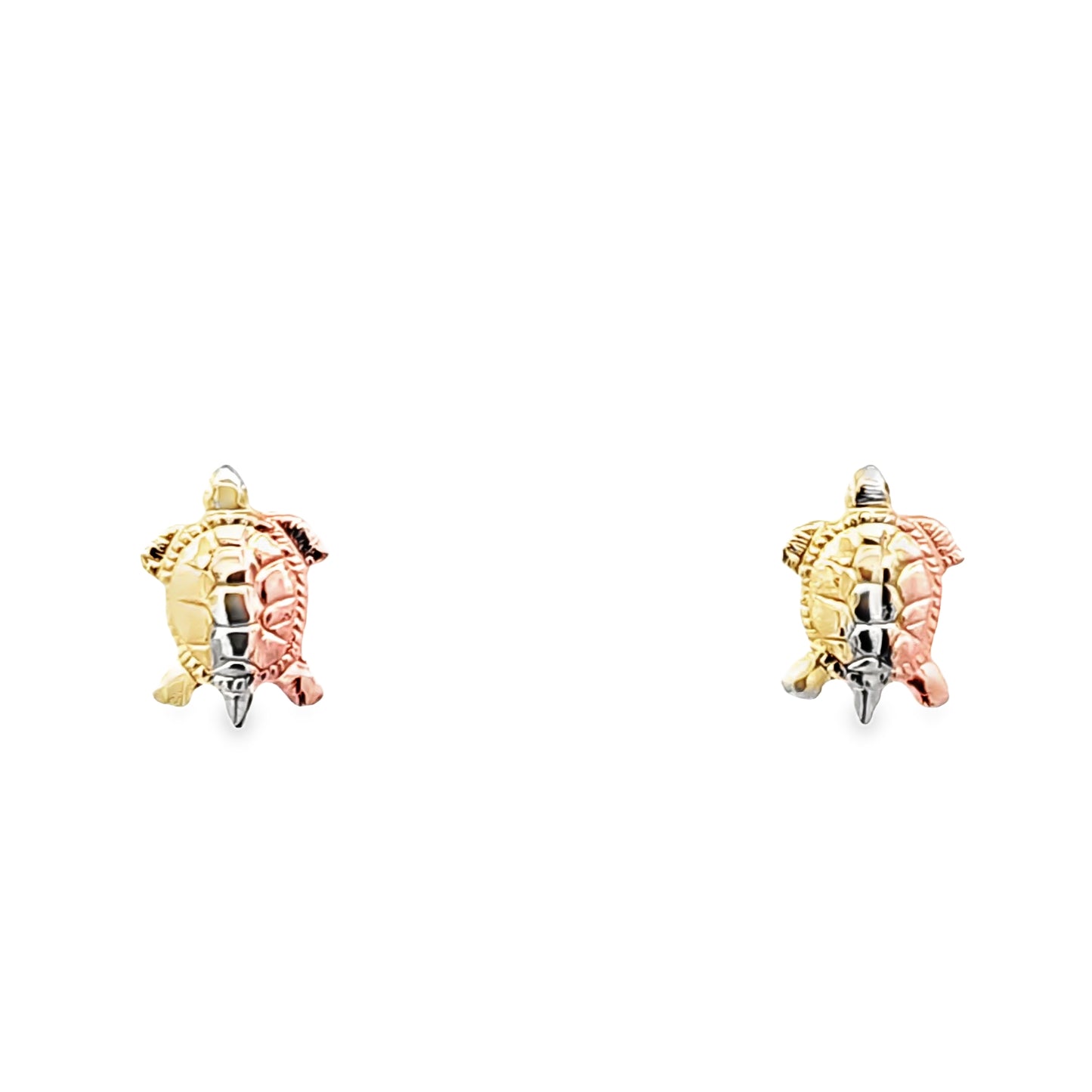 Charming Turtle Stud Earrings 10K Tri Color Gold