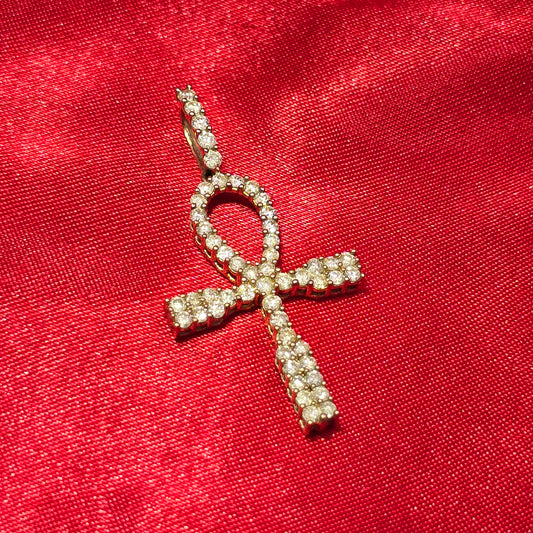 10k Yellow Gold Diamond One Row Prong Ankh Cross Pendant 1.25 ctw
