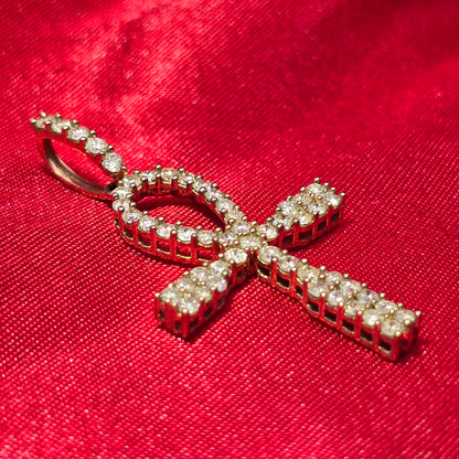 10k Yellow Gold Diamond One Row Prong Ankh Cross Pendant 1.25 ctw