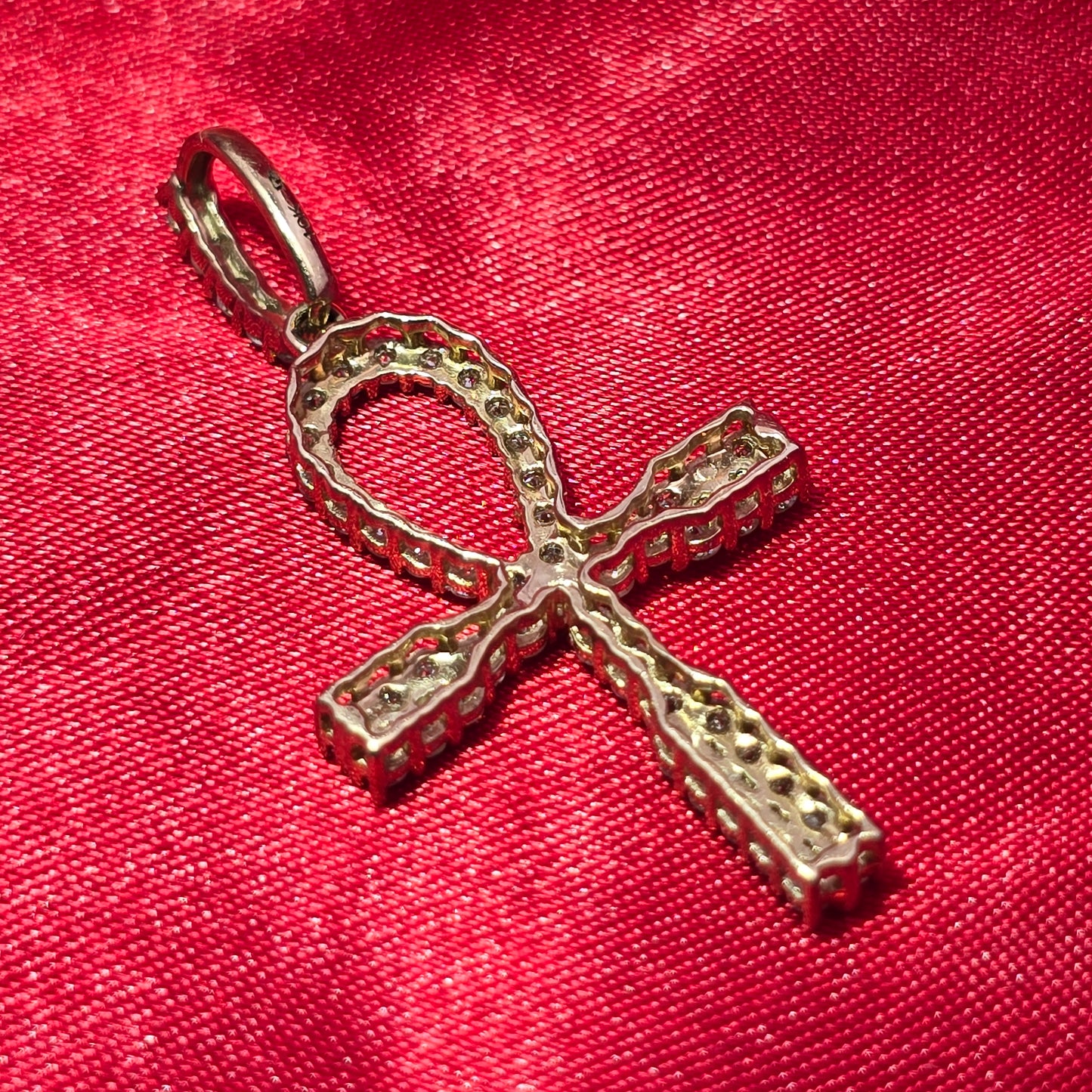 10k Yellow Gold Diamond One Row Prong Ankh Cross Pendant 1.25 ctw