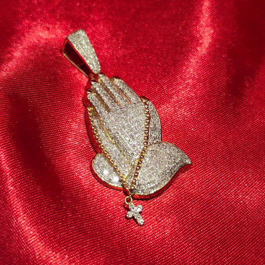 Praying Hands Rosary Gift Pendant 0.875 Ct. Diamond 10K Yellow Gold
