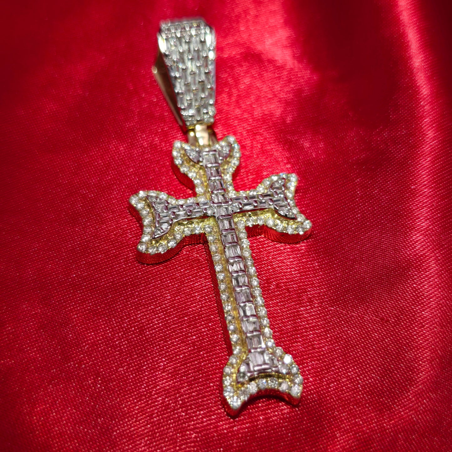 10K Yellow Gold Baguette Diamond Cross Pendant 1.80ctw