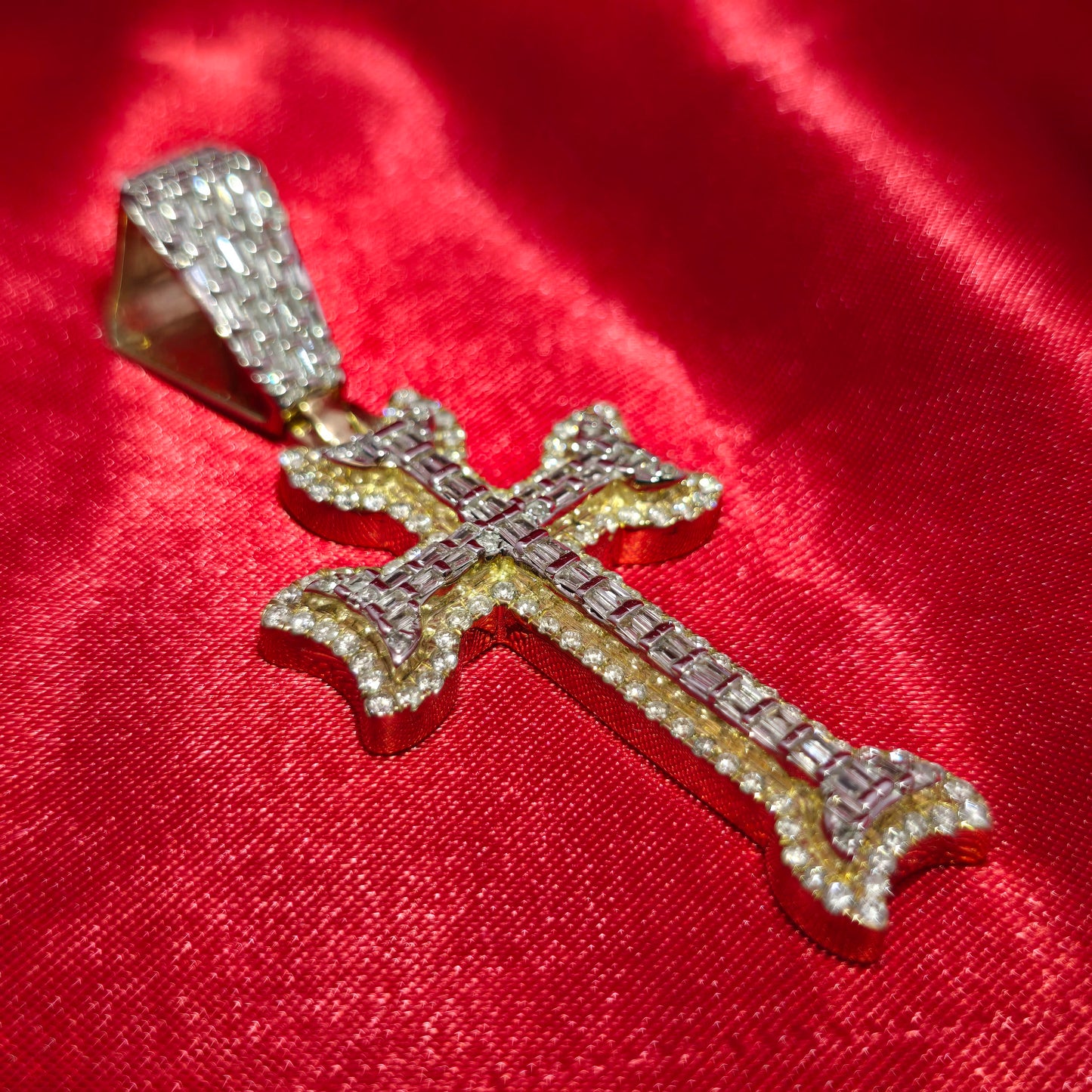 10K Yellow Gold Baguette Diamond Cross Pendant 1.80ctw